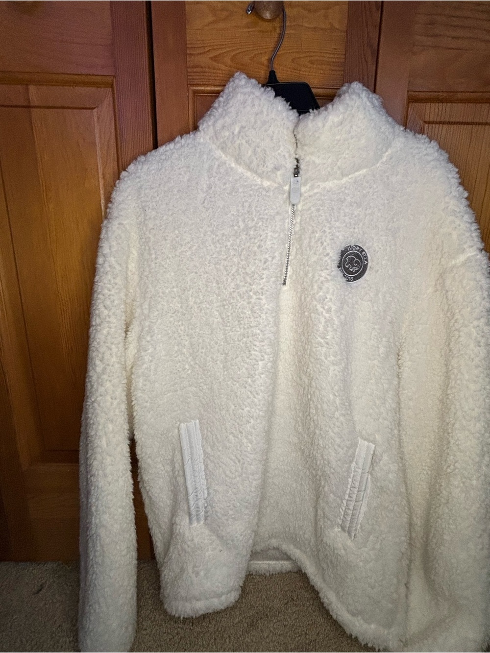 Ivory Ella Sherpa Quarter-Zip Pullover with Logo Patch